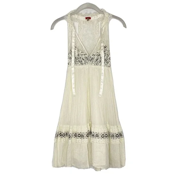 Free People Ivory Lace Up Embroidered Sleeveless V-Neck Midi Sheath Dress Sz 0 - Picture 1 of 7